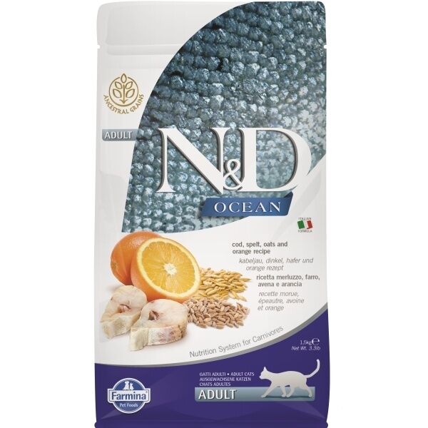 N&D Ocean Morina Balıklı ve Portakallı Ata Tahıllı Yetişkin Kedi Maması 1,5kg